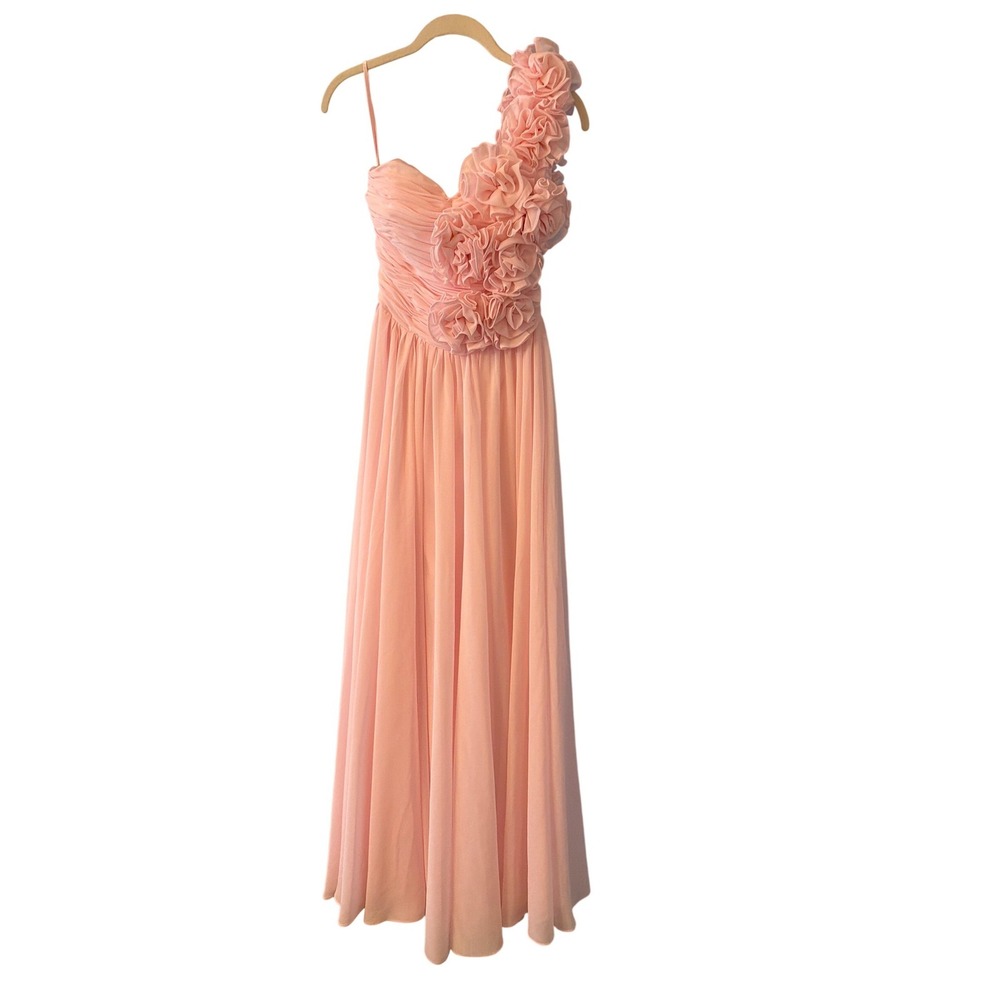 Chic Blush Pink One Shoulder Chiffon Gown Floral Embellishment Formal Event